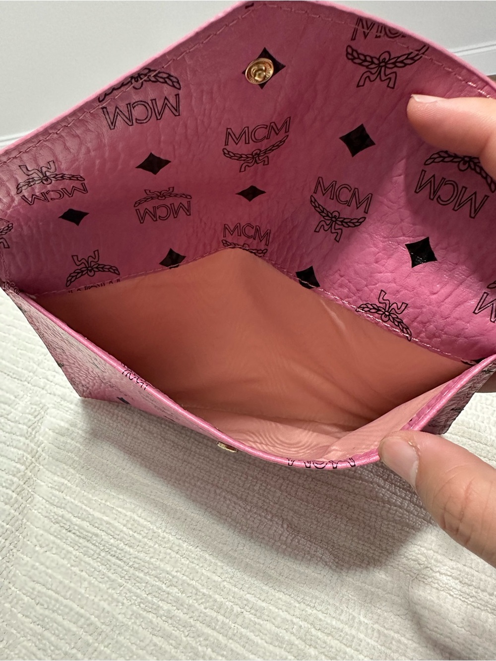 MCM Pink Monogram Envelope Clutch with Black Logo Print
